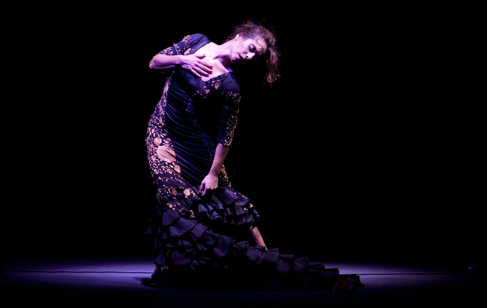 En flamencodanser i en mørk broderet kjole med et rynket slæb, hovedet let på skrå og den ene hånd på brystet, oplyst af en enkelt spotlight på en sort scene